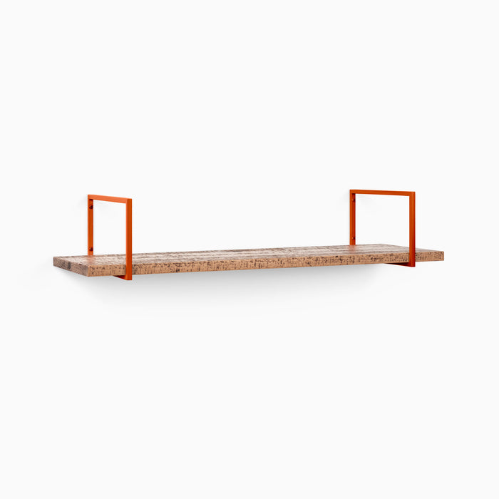 Bart Nutmeg Rustic Wall Shelf with warm wood grain and striking rust-colored metal floating shelf brackets for stylish display