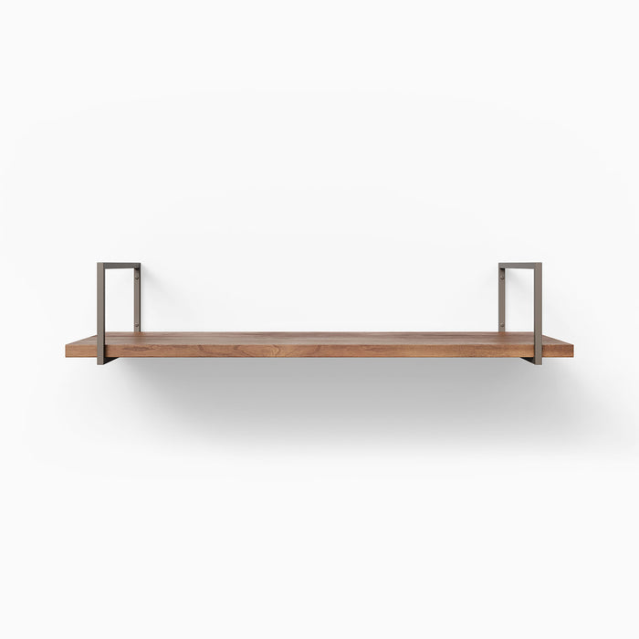 Bart Nutmeg Wall Shelf with smooth nutmeg wood and minimalist dark metal floating shelf brackets for contemporary display