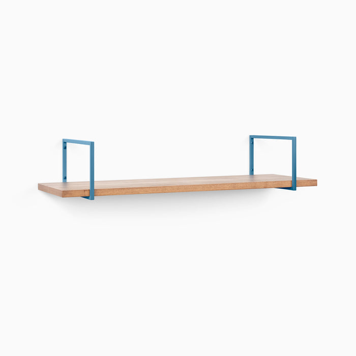 Bart Nutmeg Wall Shelf with smooth nutmeg wood and minimalist blue metal floating shelf brackets for sleek display