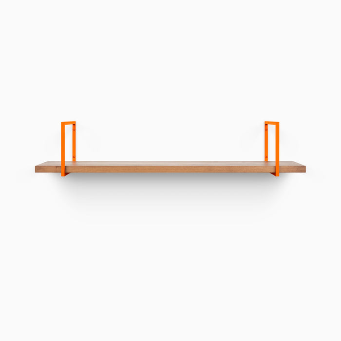 Bart Nutmeg Wall Shelf with smooth nutmeg wood and vibrant orange metal floating shelf brackets for modern display and organization