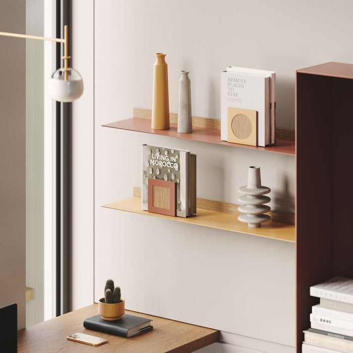 Clearance — Beefy Bender FM1 — 48" length x 8" depth floating shelves in modern home office with decor and books