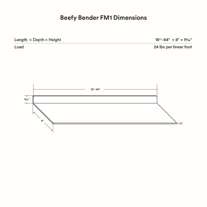 Beefy Bender FM 1 Metal Wall Shelf dimensional drawing showing length, depth, height, and load capacity for minimalist metal floating shelf design.