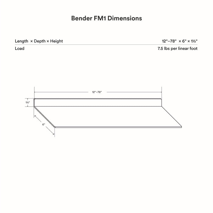 Bender FM 1 Metal Wall Shelf line drawing showing adjustable length and depth with minimalist steel design