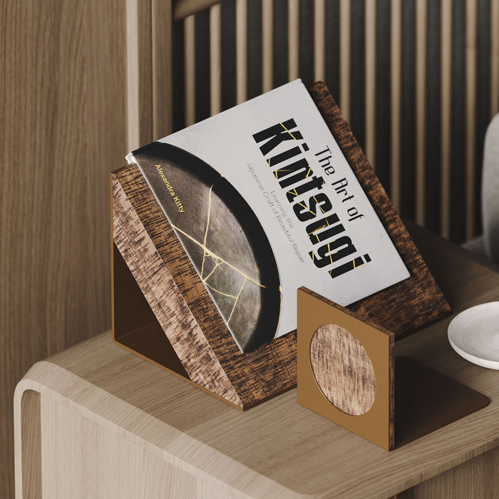 Book Wedgie Part Deux - Metal + Wood Book Rest in rustic wood and metal holding a hardcover art book on a bedside table