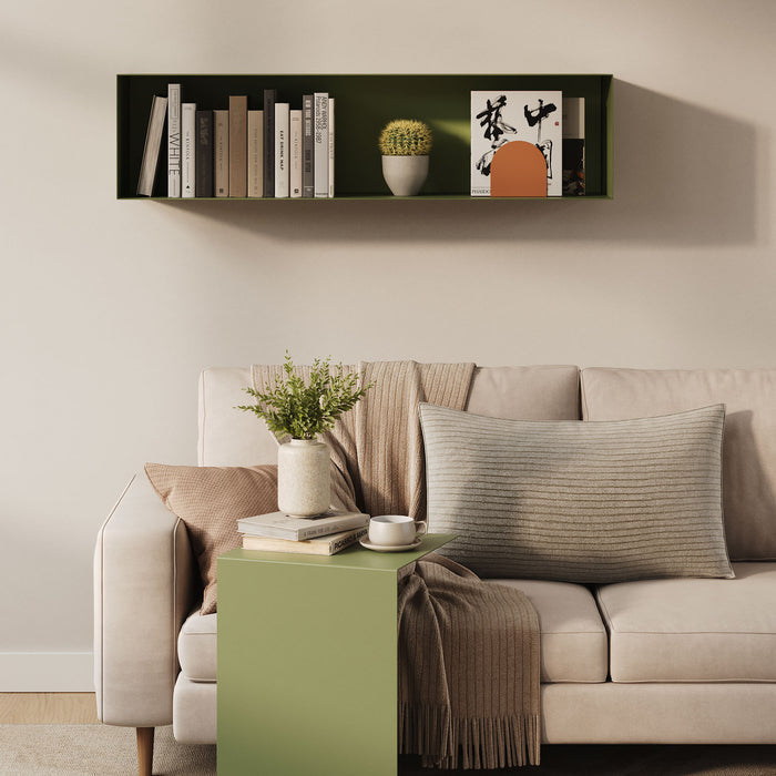 Brently Box Shelf in muted green steel mounted above a beige sofa, styled with books, art, and a potted plant for minimalist wall storage.