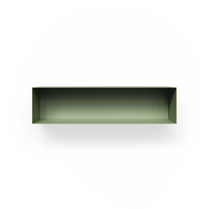 Brently Box Shelf in muted army green steel presenting a sleek minimalist wall shelf for functional, stylish display and organization.
