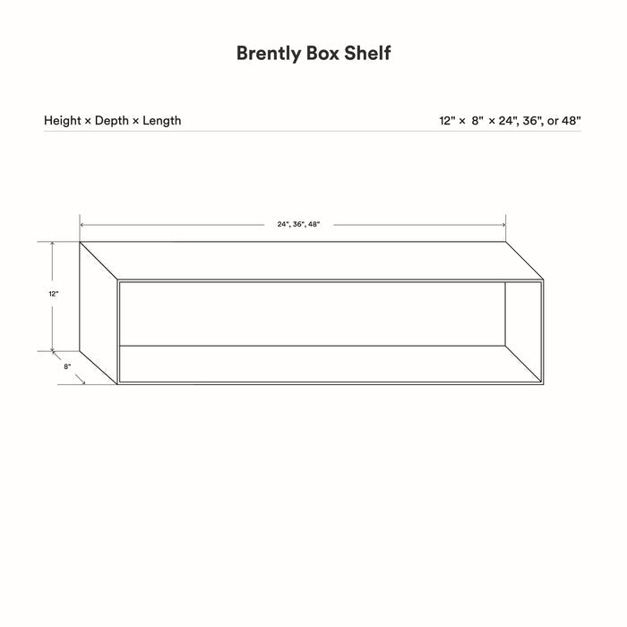 Line drawing with dimensions of the Brently Box Shelf showing a rectangular open box shape with 12 inches height, 8 inches depth, and length options of 24, 36, or 48 inches.