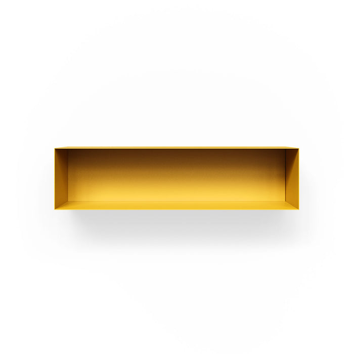 Brently Box Shelf in mustard yellow steel, a minimalist wall-mounted design that transforms everyday storage into stylish display space.