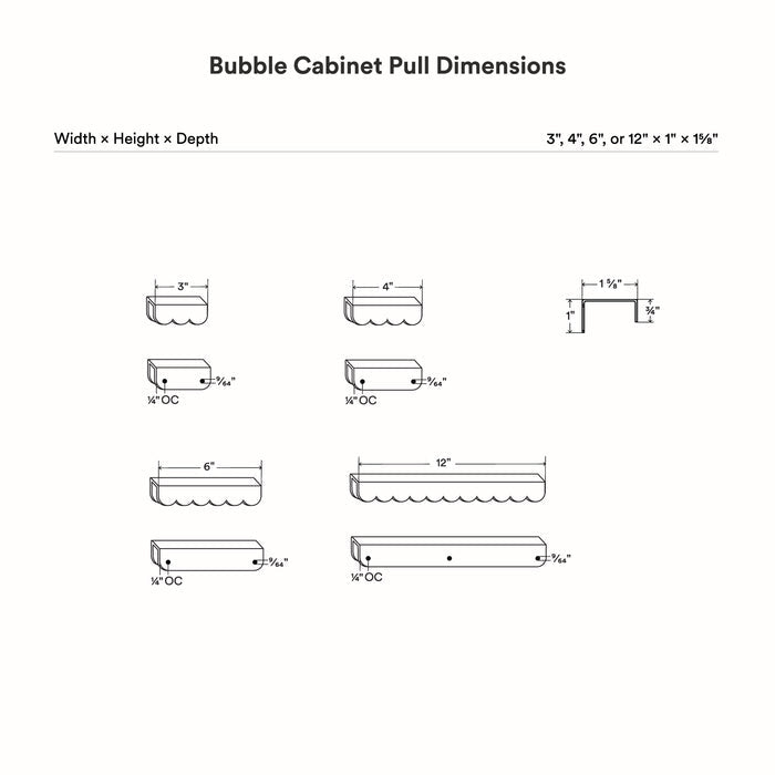 Bubble Cabinet Pull with scalloped edges available in 3, 4, 6, or 12 inches widths for versatile organization.