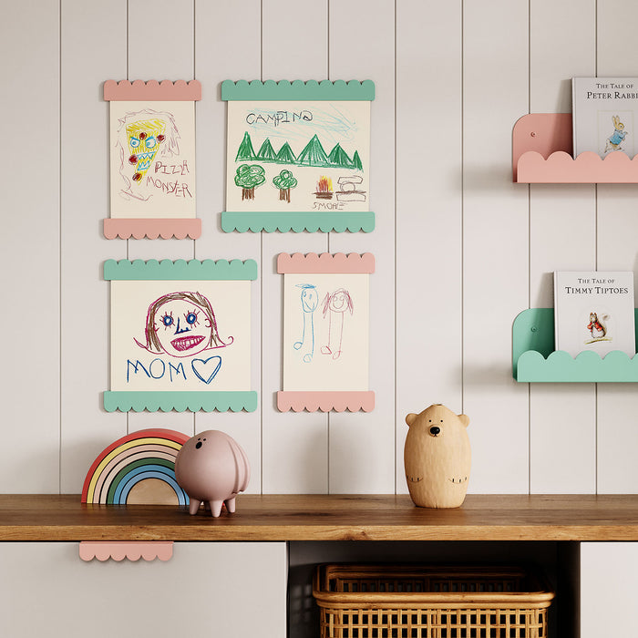 Bubble Magnetic Print Hanging System in pastel steel with mixed-material wood display shelves showcasing children's art and books