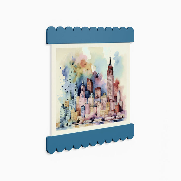 Bubble Magnetic Print Hanging System in muted blue steel with scalloped edges for stylish wall display and art organization