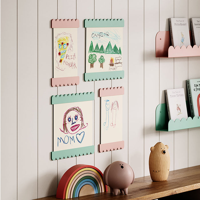 Bubble Magnetic Print Hanging System in pastel steel featuring scalloped edges for playful, functional art and book display organization