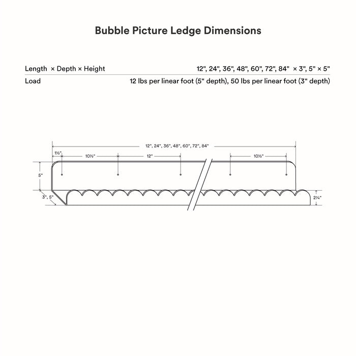 Technical line drawing of Bubble Picture Ledge showing scalloped edge and overall length, depth, and height dimensions.