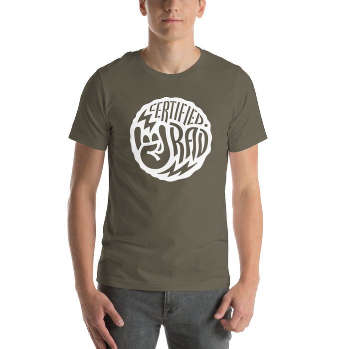 Certified Rad T-shirt in army green with bold white graphic design and relaxed unisex fit for casual everyday wear