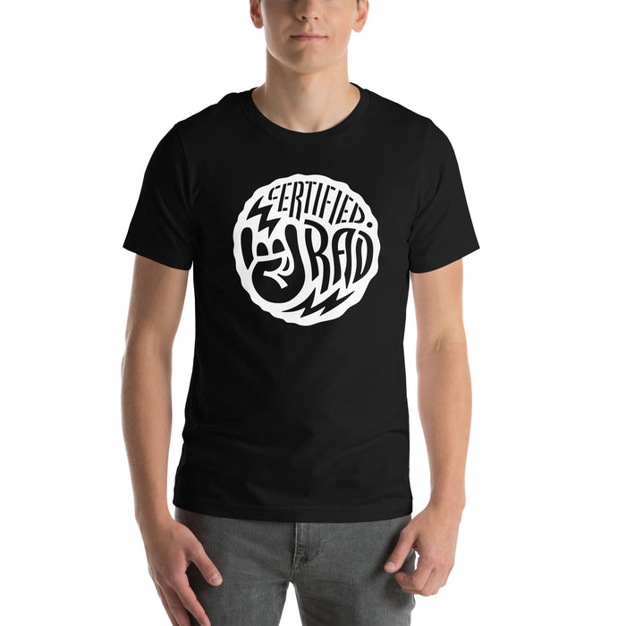 Certified Rad T-shirt in black with bold white graphic, featuring a rock hand symbol and casual unisex fit