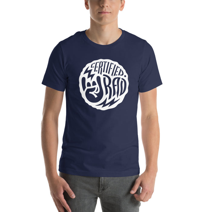 Certified Rad T-shirt in navy blue with bold white graphic showing rock hand symbol, casual fit unisex style