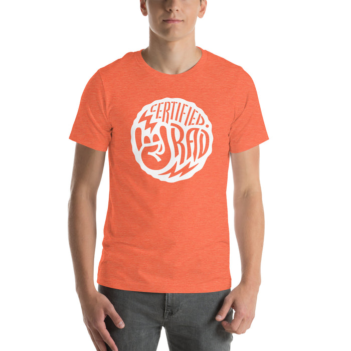 Certified Rad T-shirt in heather orange with white graphic featuring rock hand symbol, casual unisex fit style