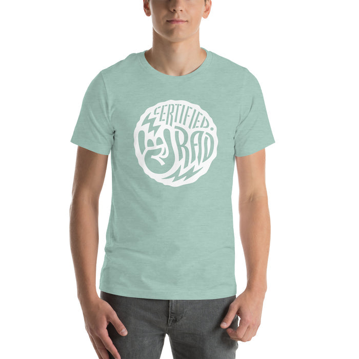 Certified Rad T-shirt in dusty blue heather with bold white graphic and rock hand symbol, casual unisex fit style