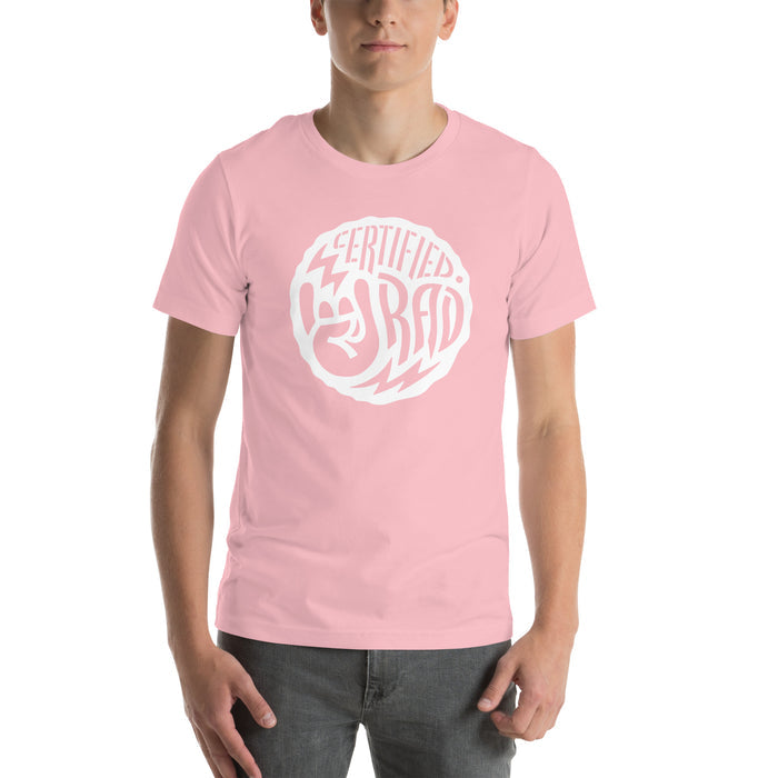 Certified Rad T-shirt in soft pink with white circular graphic and hand symbol, casual unisex fit for everyday wear