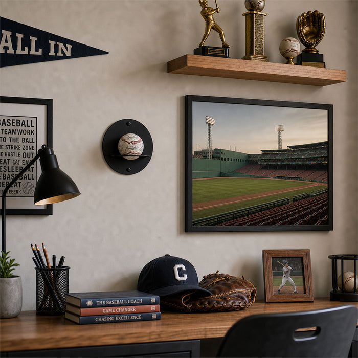 Change Up Baseball Display Shelf in warm wood tone mounted on a light wall holding baseball trophies and a baseball glove, framed stadium photo below.