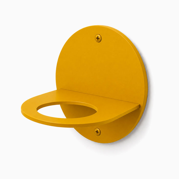 Change Up Baseball Display Shelf in a vibrant honey mustard steel finish with a minimalist circular backplate and secure wall mount for showcasing baseballs.