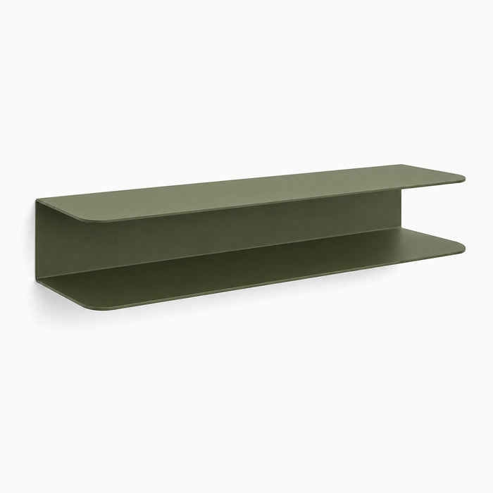 Chuck It Up Shoe Rack in muted olive green steel with minimalist double shelf design and rounded corners for stylish, space-saving wall shoe storage.