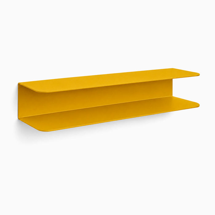 Chuck It Up Shoe Rack in warm honey mustard steel featuring two straight shelves with rounded front corners, offering durable, wall-mounted shoe storage.