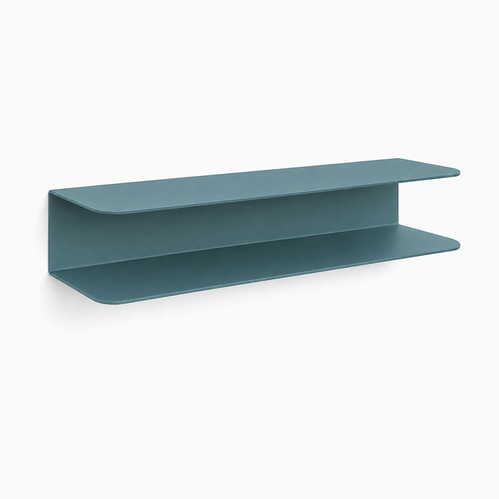 Chuck It Up Shoe Rack in steely blue steel with two straight shelves and rounded corners, designed for wall mounting to maximize off-floor shoe organization.