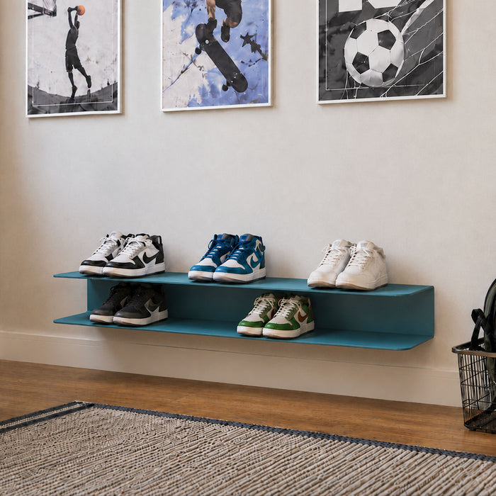 Chuck It Up Shoe Rack in steely blue steel featuring two straight shelves with rounded edges, wall-mounted to keep shoes organized and off the floor.
