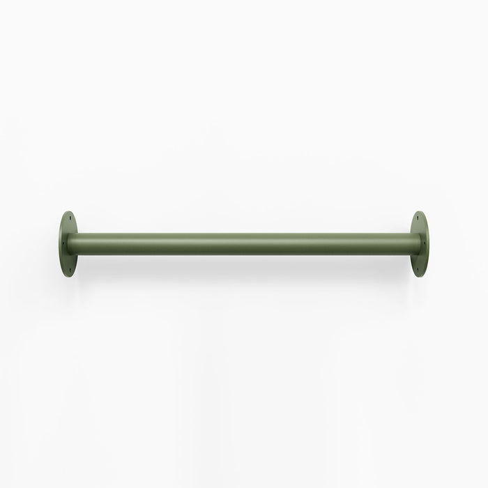 Russel Wall Ladder in muted olive steel featuring a minimalist tubular design for sleek wall hooks and display ledges