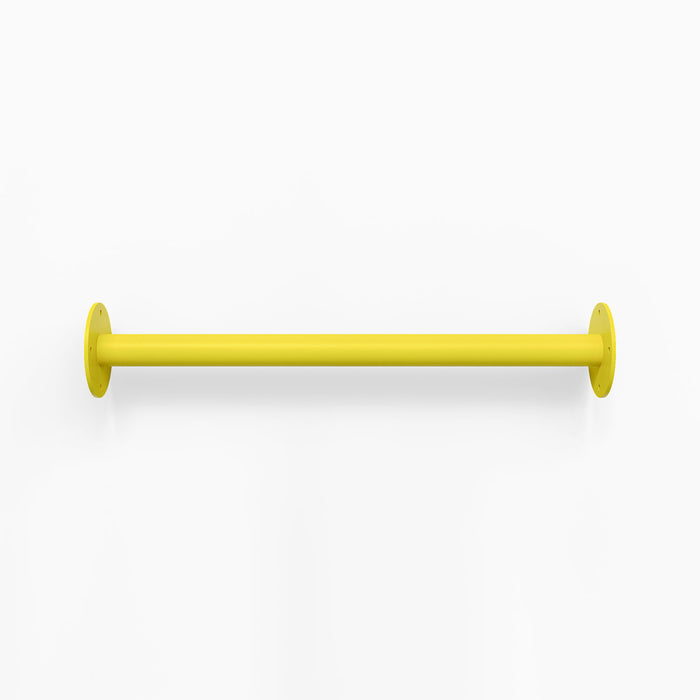 Russel Wall Ladder in bright banana yellow steel with streamlined tubular design for functional wall hooks and display ledges
