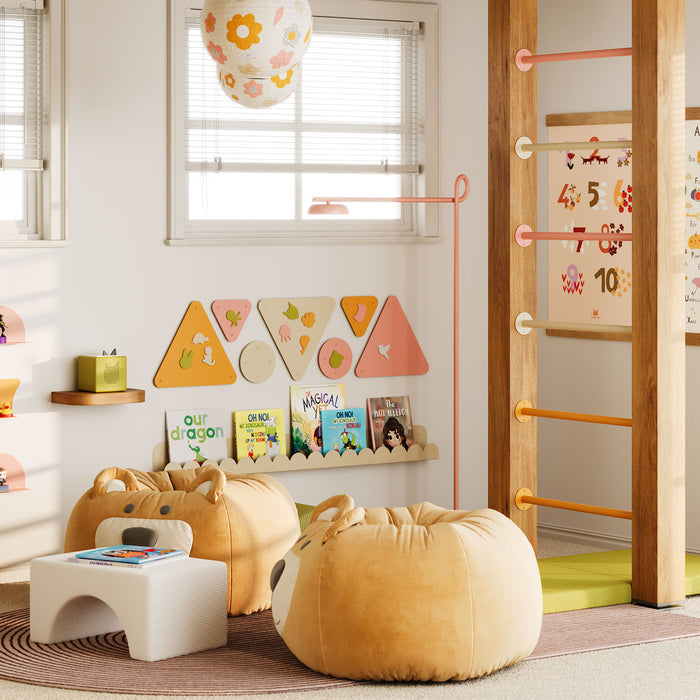 Russel Wall Ladder in mixed wood and steel with playful pastel accents in a cozy minimalist kids’ room setting
