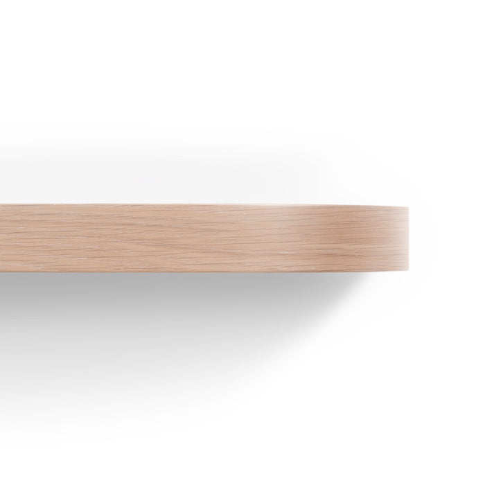 Aksel RADius Glazed White Oak Floating Shelf close-up showing smooth rounded edges and fine wood grain texture
