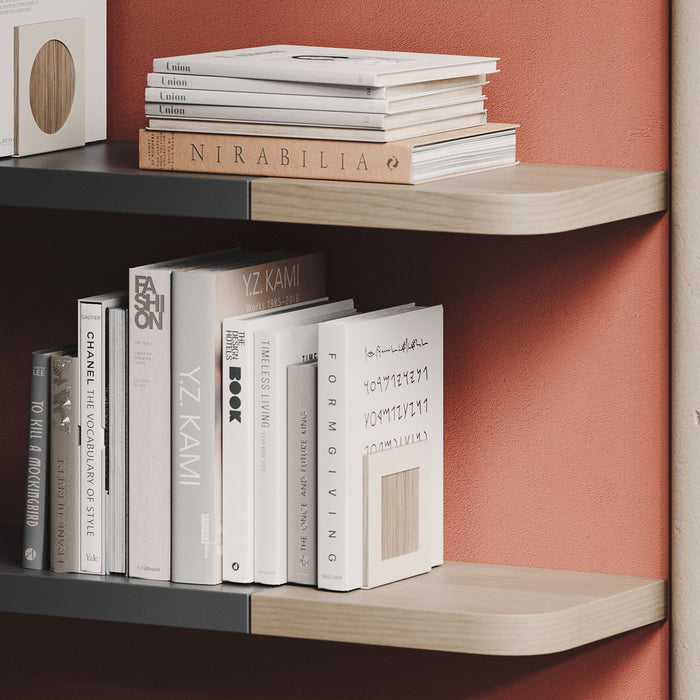 Aksel RADius Glazed White Oak Floating Shelf with smooth rounded edges and natural wood grain, holding books against terracotta wall