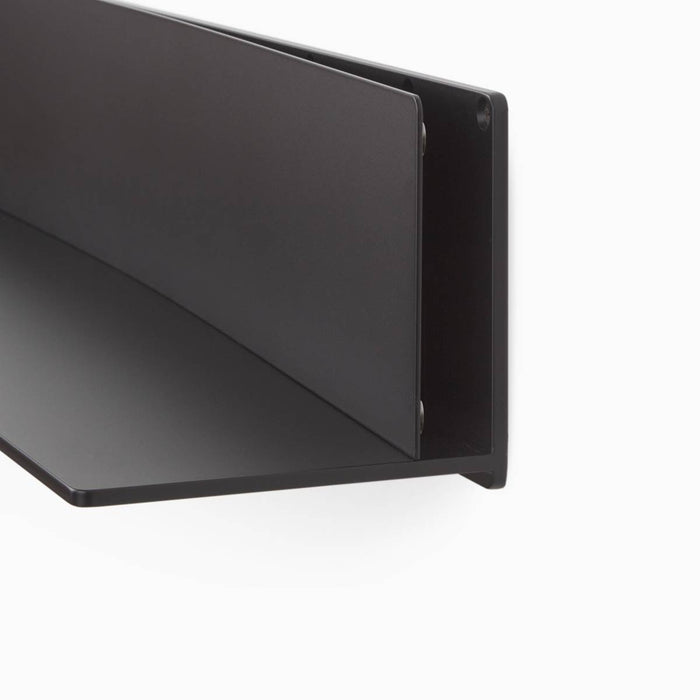Clearance — Black Tromso FM3 Steel Floating Shelf — 20" length x 12" depth in matte black steel featuring sturdy construction with a matching cover plate for sleek wall display and organization