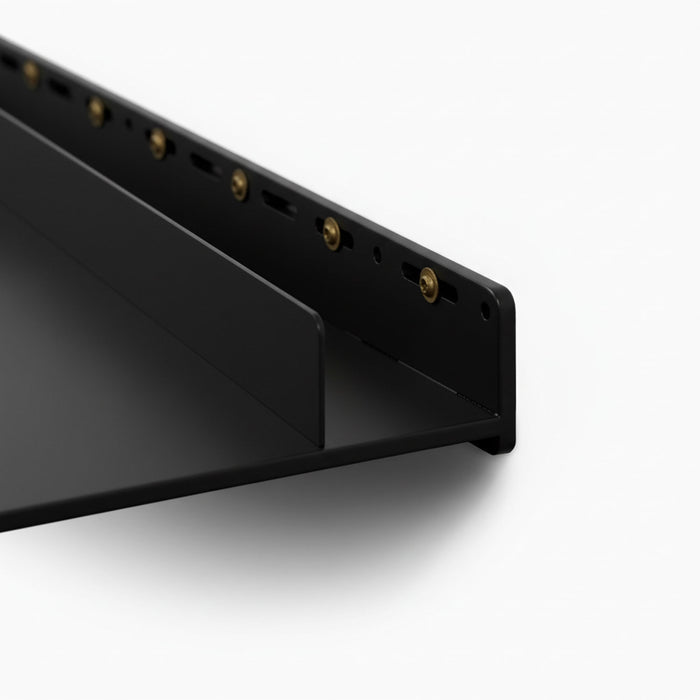 Clearance — Tromso FM1 Steel Floating Shelf — 48" length x 8" depth in matte black steel with sturdy mounting hardware visible