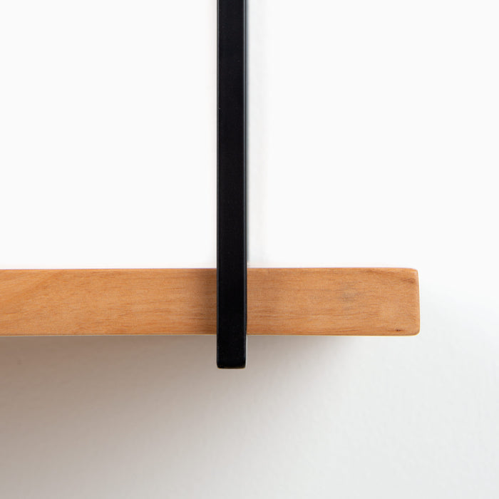 Verne Alder 5 Tiered Shelf close-up of natural alder wood ledge with matte black metal floating shelf bracket