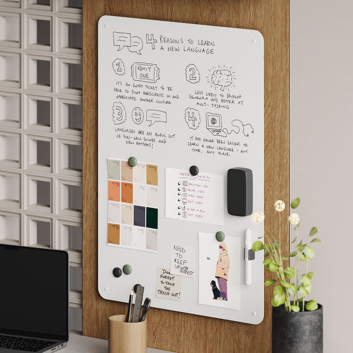 Mosey Dry Erase Board mounted on wood panel with sketches, notes, magnets, and eraser for organized planning and brainstorming
