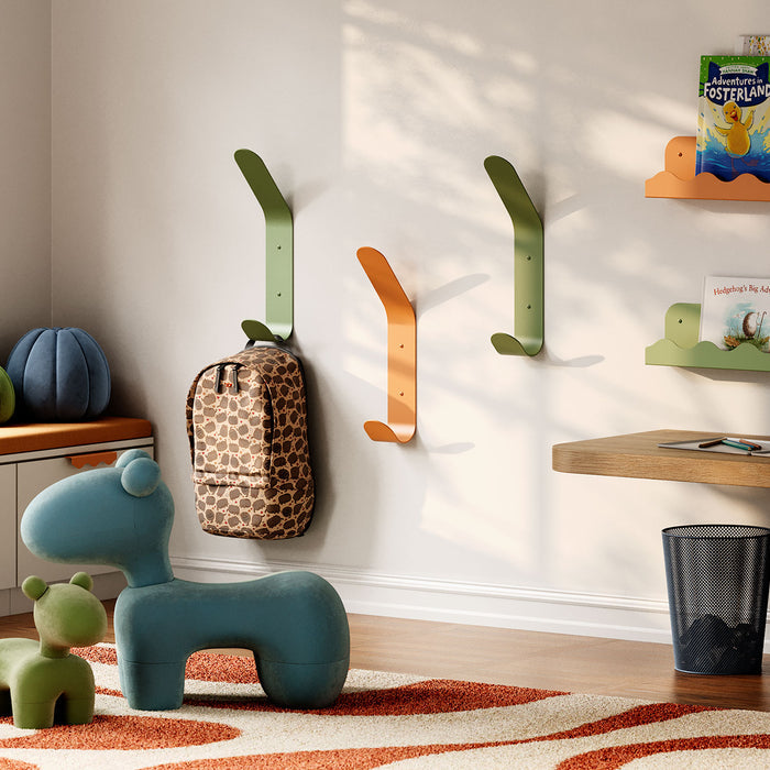 Doohooky El Maximo Wall Hook in muted olive and terracotta steel for bold and practical wall organization