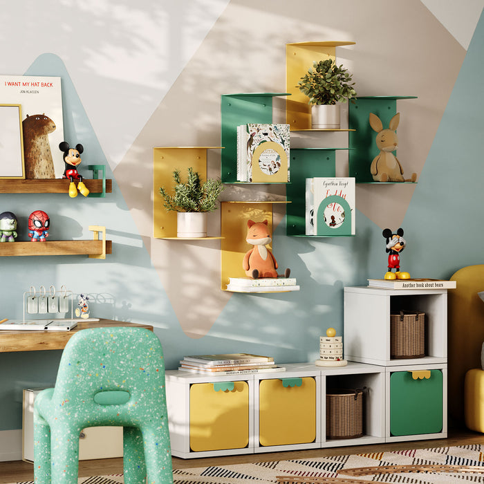 Double Rainbow Metal Wall Shelf with green and yellow metal brackets for a colorful mixed-material floating display shelf