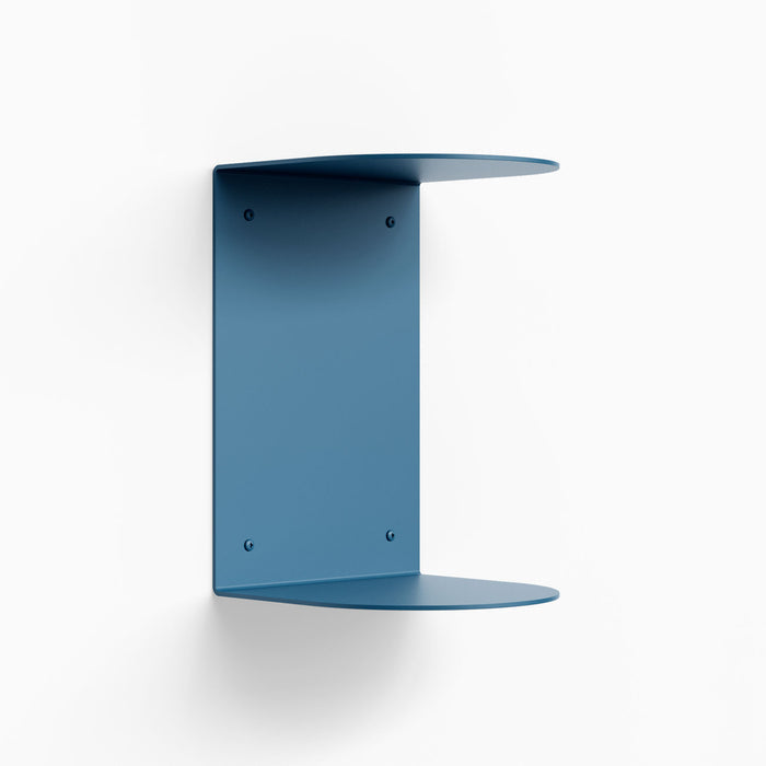 Double Rainbow Metal Wall Shelf in steel blue for minimalist mixed-material floating shelf and wall display solution