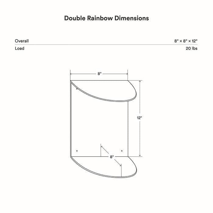 Double Rainbow Metal Wall Shelf technical drawing showing dimensions and weight capacity for functional wall display solutions
