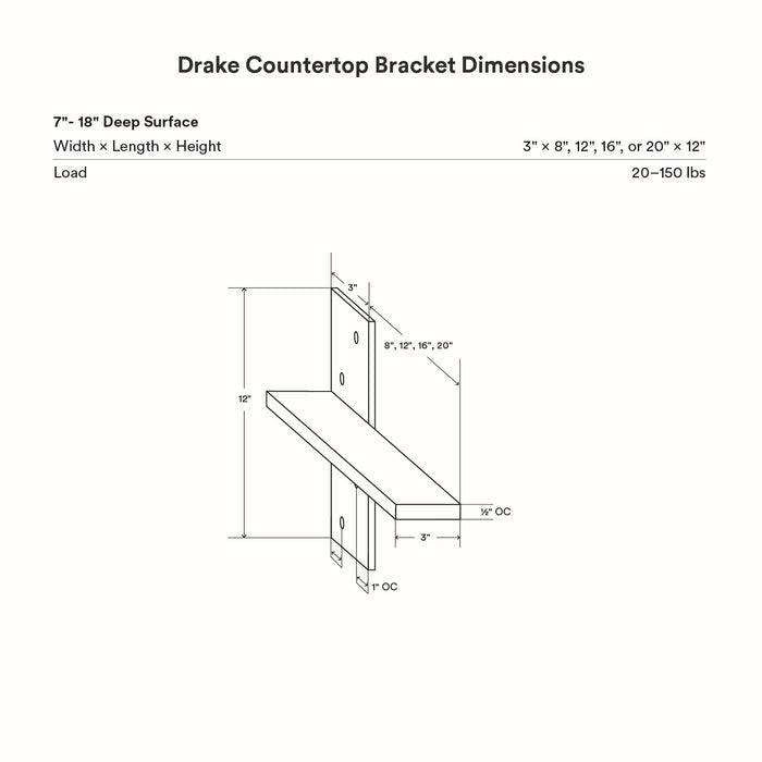 Drake Slimline Countertop Bracket (Black Primer) in black primer metal for sturdy floating shelf and countertop support hardware