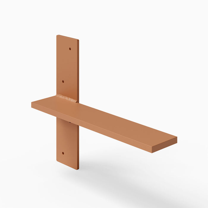 Drake Slimline Countertop Bracket (Powder Coated) in rust color for sturdy floating shelf hardware and wall display solutions