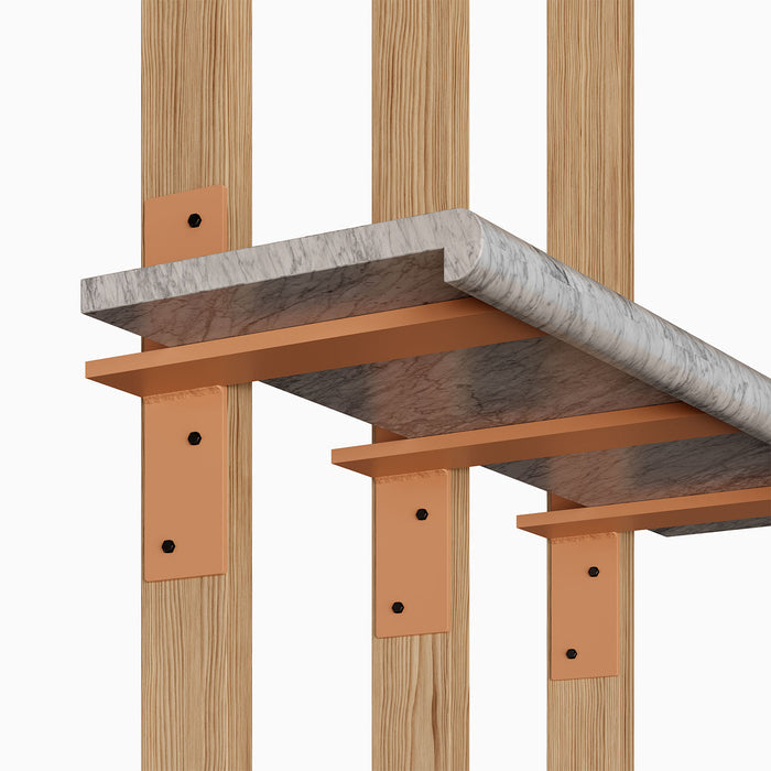 Drake Slimline Countertop Bracket (Powder Coated) in rust color supporting floating stone shelves on wood slats