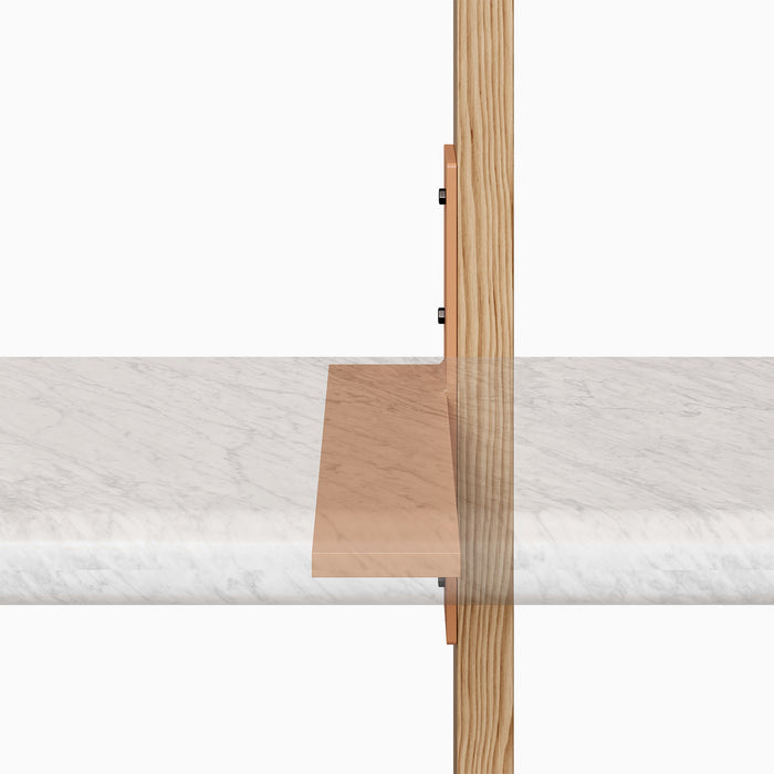 Drake Slimline Countertop Bracket (Powder Coated) in clay color securing floating stone countertop to vertical wood surface