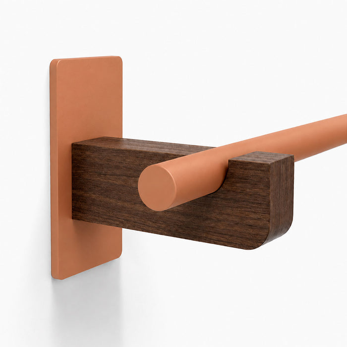 Draper Curtain Rod System wall mount featuring a mixed-material design with solid hardwood bracket and rust-resistant matte metal rod.