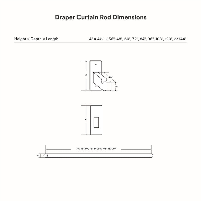 Technical line drawing showing dimensions of the Draper Curtain Rod System, including bracket height, depth, and available rod lengths from 36 to 144 inches.