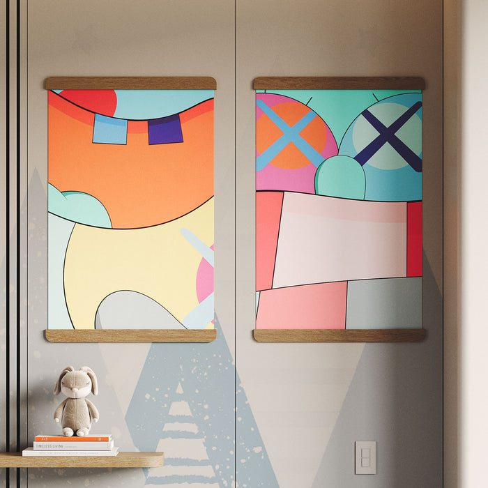 Edo Print Hanging System displaying colorful abstract art in a modern kids’ room with minimalist wooden rails