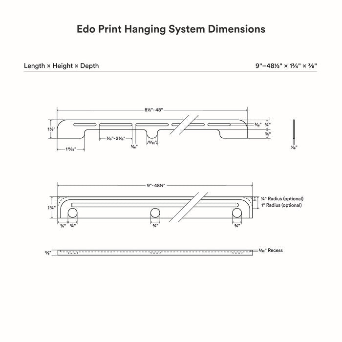 Edo Print Hanging System detailed technical drawing showing precise dimensions for minimalist wall display installation